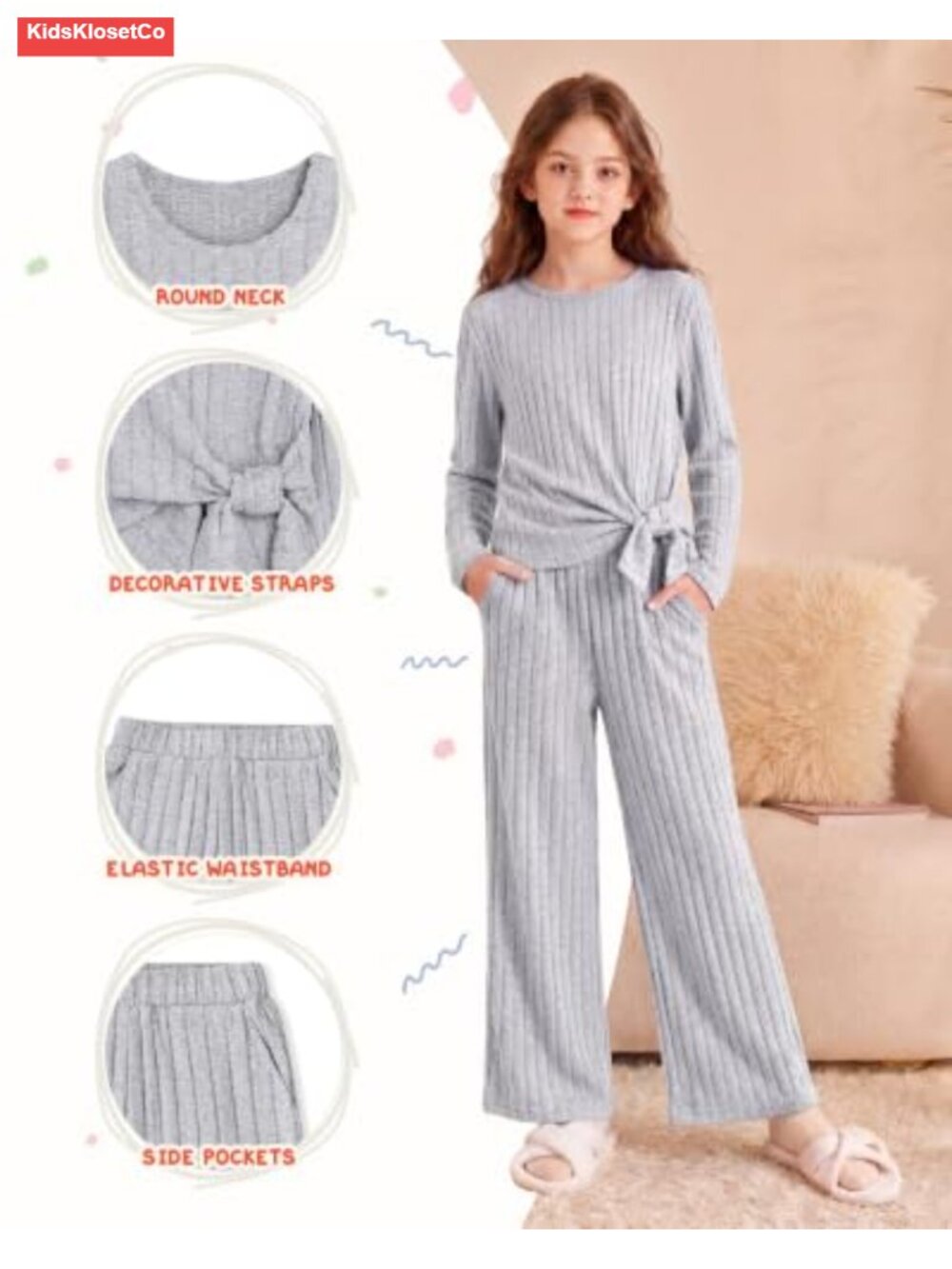 Girls 2 Piece Ribbed Knit Top & Pants Set Fall Winter 7-14Y - Picture 2 of 6